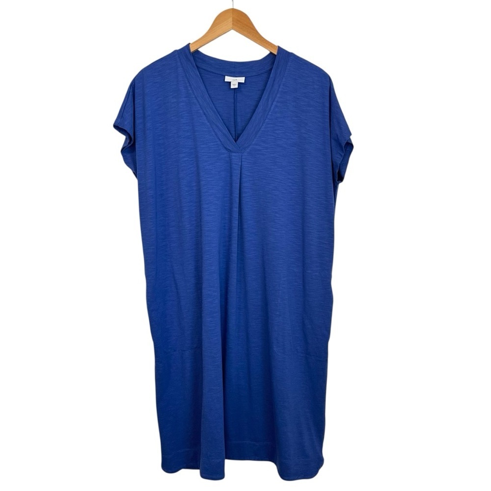 J Jill Womens V-Neck  Jersey Knit T Shirt Dress Sz Large Blue Pocket Cap Sleeve